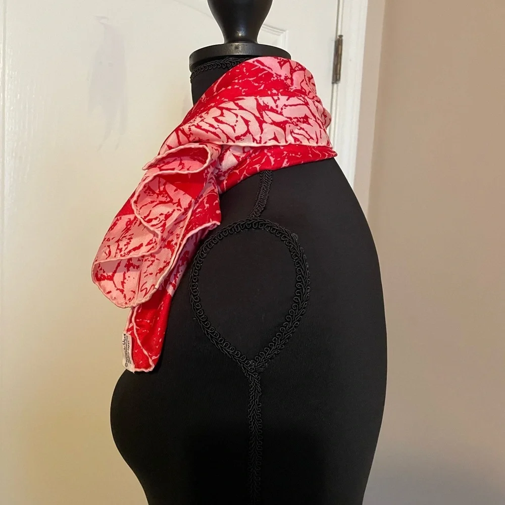 Vtg VERA NEUMANN 1960s Silk Scarf Ladybug Signed Abstract Marble Red Pink Japan